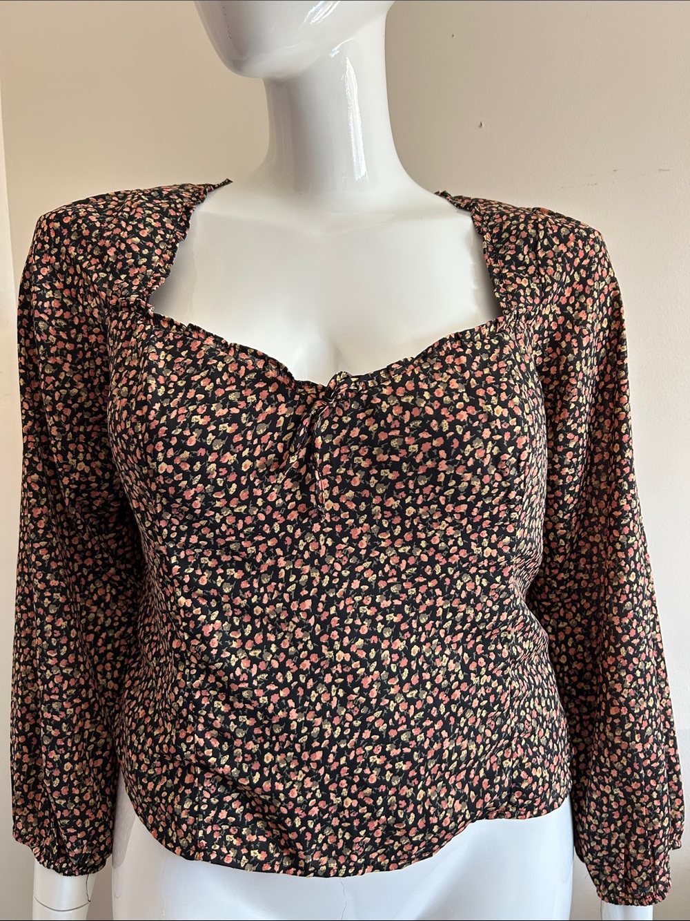 Abercrombie & Fitch Black Floral Sweetheart Bustier Style Long-Sleeve Top, XL